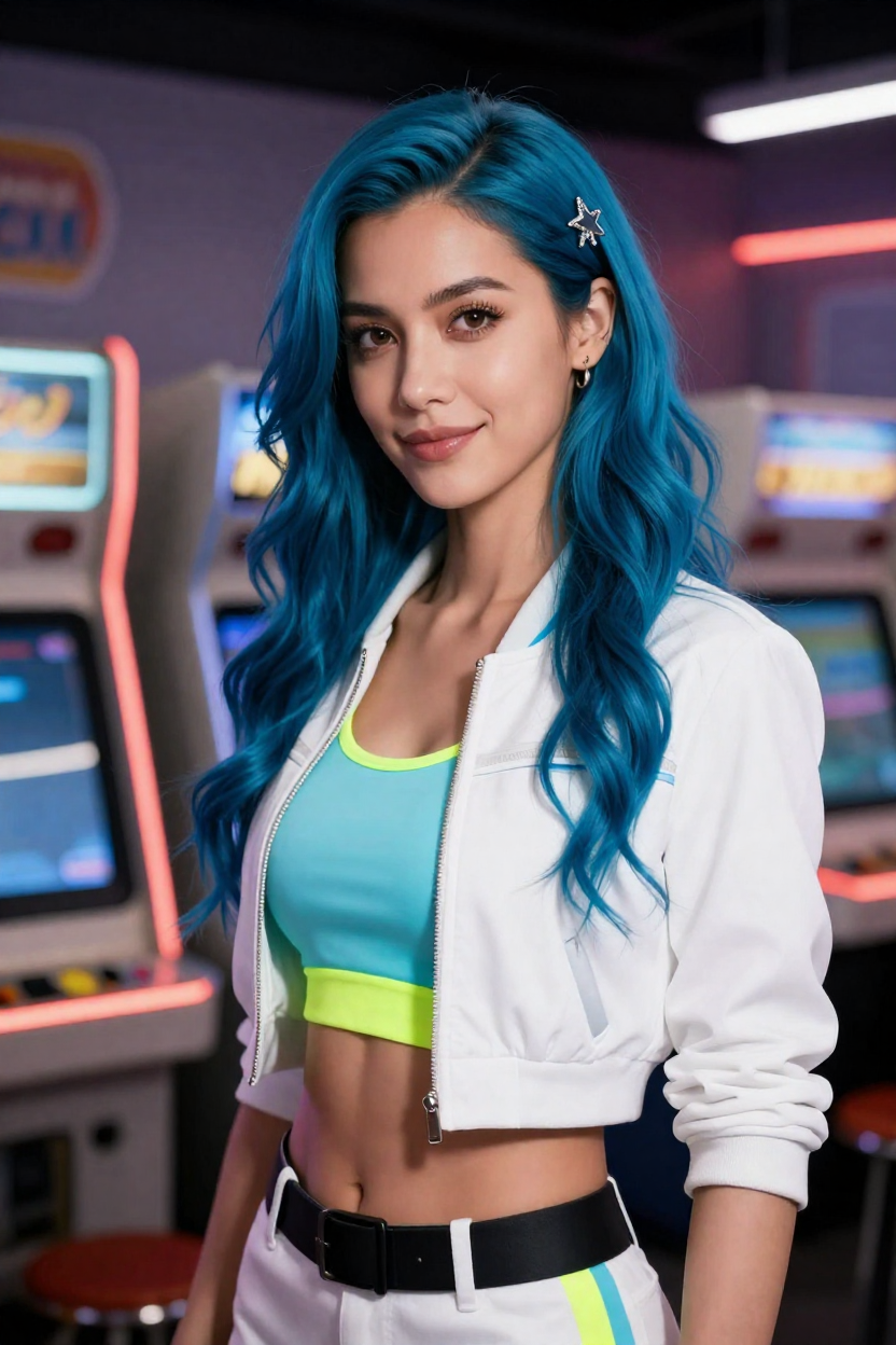 Editorial portrait of a fictional 36-year-old woman with long loose teal-blue waves and a small silver
